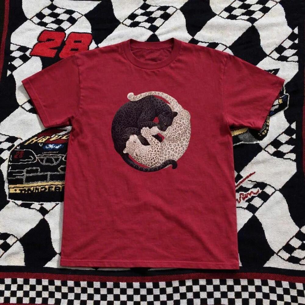 Red And Black Graphic Tee With A Black Cat On A Yin Yang Background